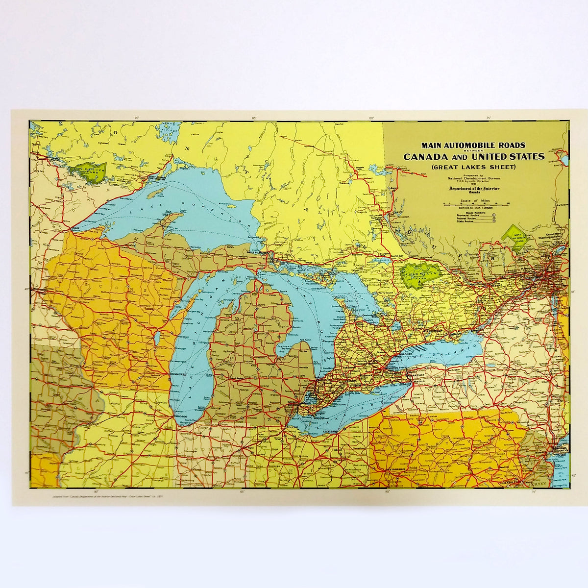 Main Automobile Roads Between US and Canada - Vintage Map Reproduction