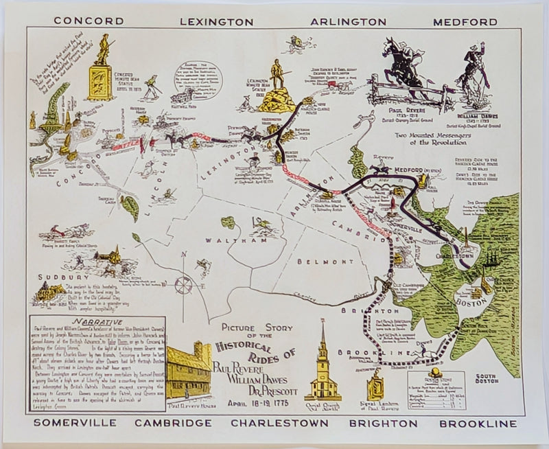 Historic Rides of Paul Revere, William Dawes, and Dr. Prescott - Vintage Map